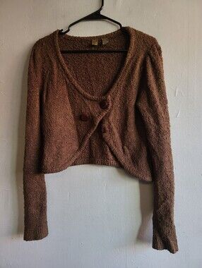 Women's large Y2K Buckle BKE fuzzy dark brown asymmetrical button cardigan